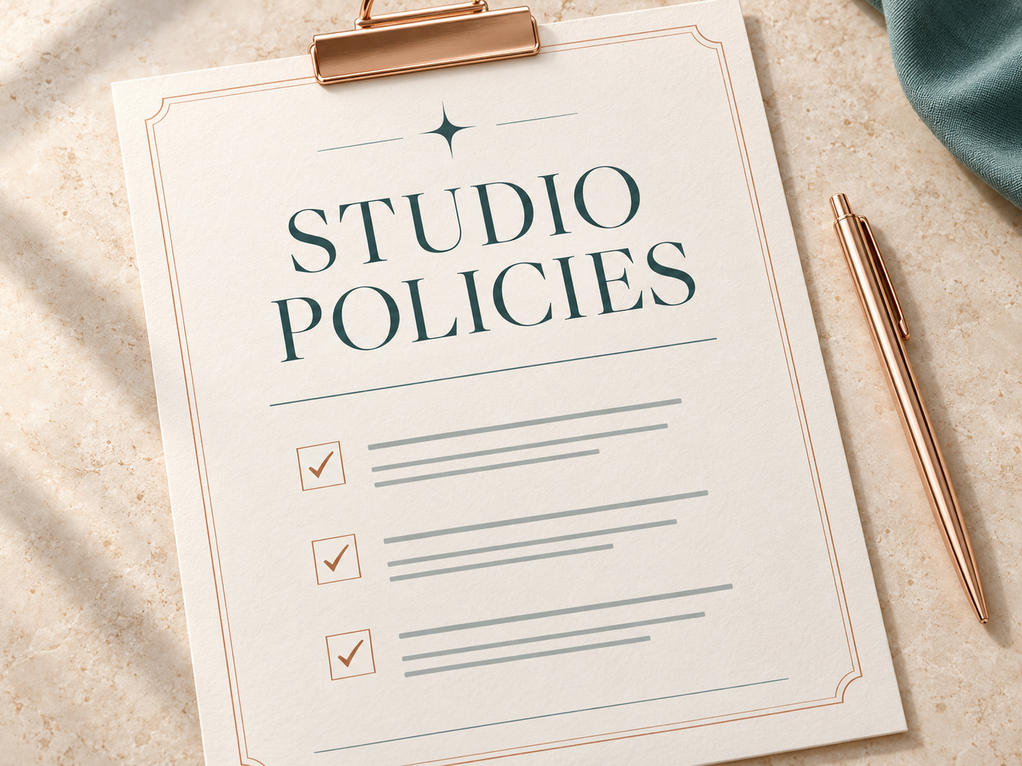 Studio Policies document in ivory, rose gold, and turquoise